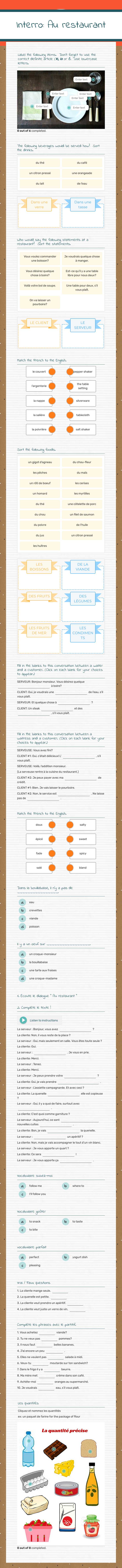 Interro: Au restaurant Grade 10 worksheet preview