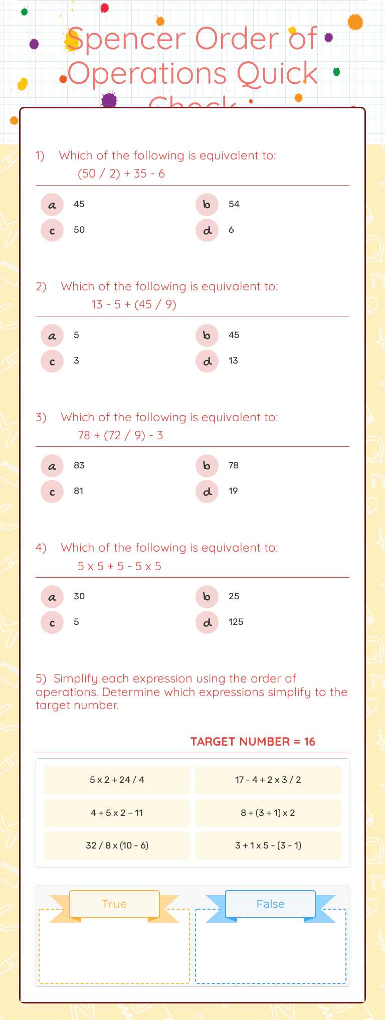 Spencer Order of Operations Quick Check Grade 5 worksheet preview