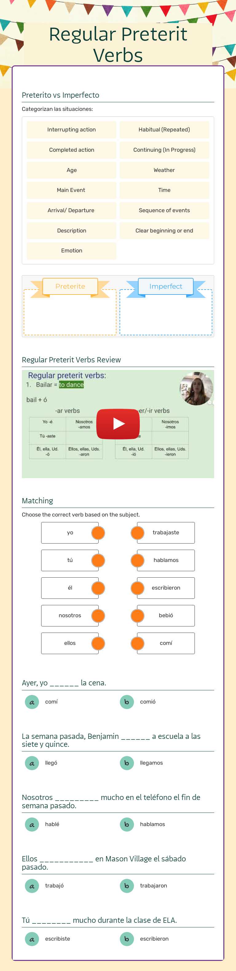 Regular Preterit Verbs worksheet preview image