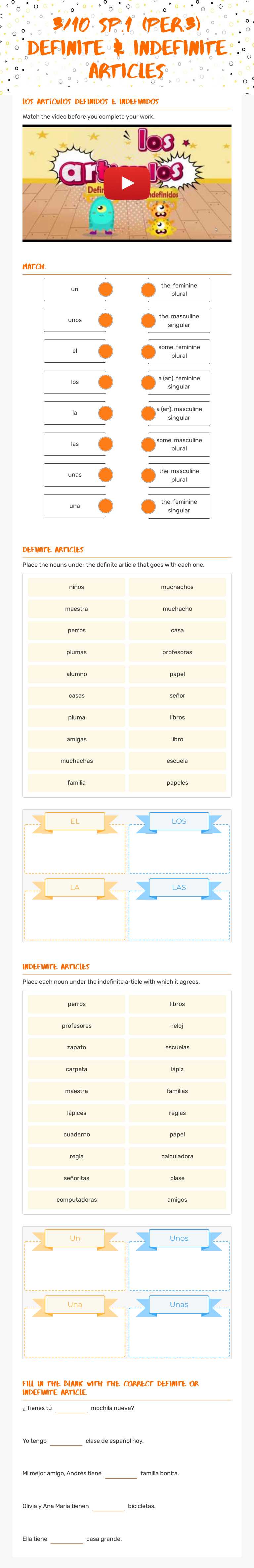 3/10 Sp.1 (Per.3) Definite & Indefinite Articles worksheet preview image