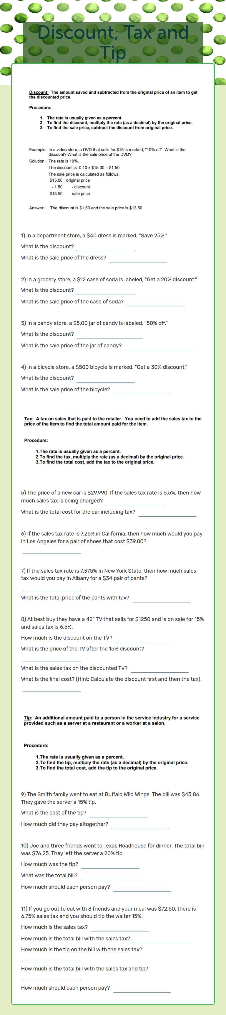 Discount, Tax and Tip worksheet preview image