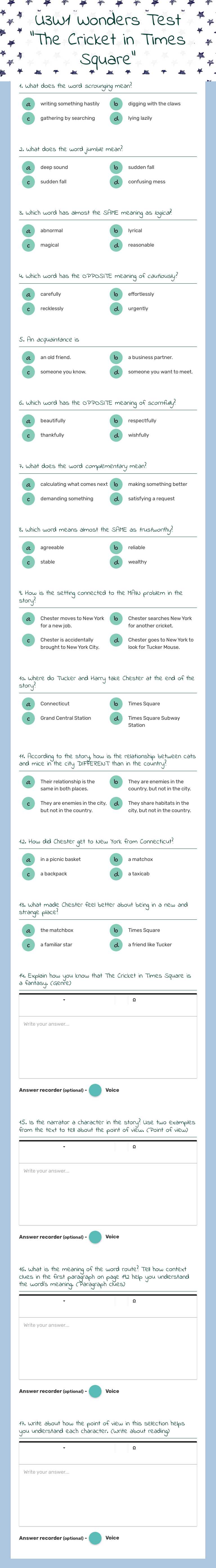 U3W1 Wonders Test           "The Cricket in Times Square" worksheet preview image