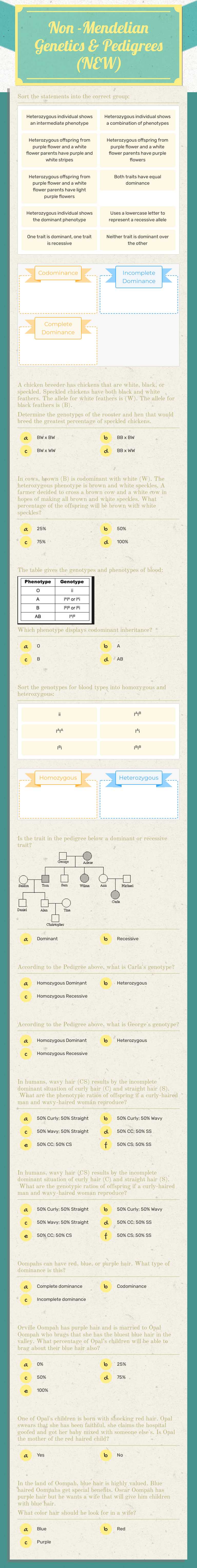 Non -Mendelian Genetics & Pedigrees (NEW) worksheet preview image
