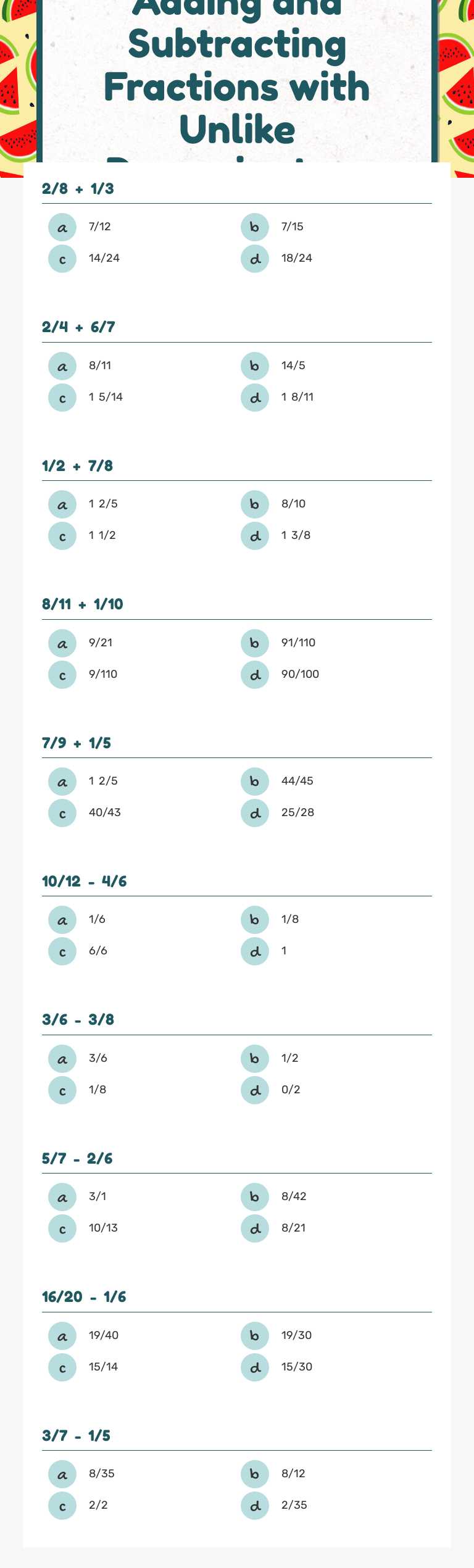 Adding and Subtracting Fractions with Unlike Denominators worksheet preview image
