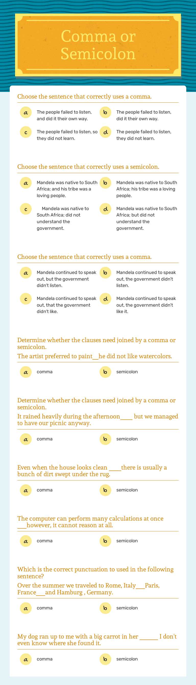 Comma or Semicolon worksheet preview image