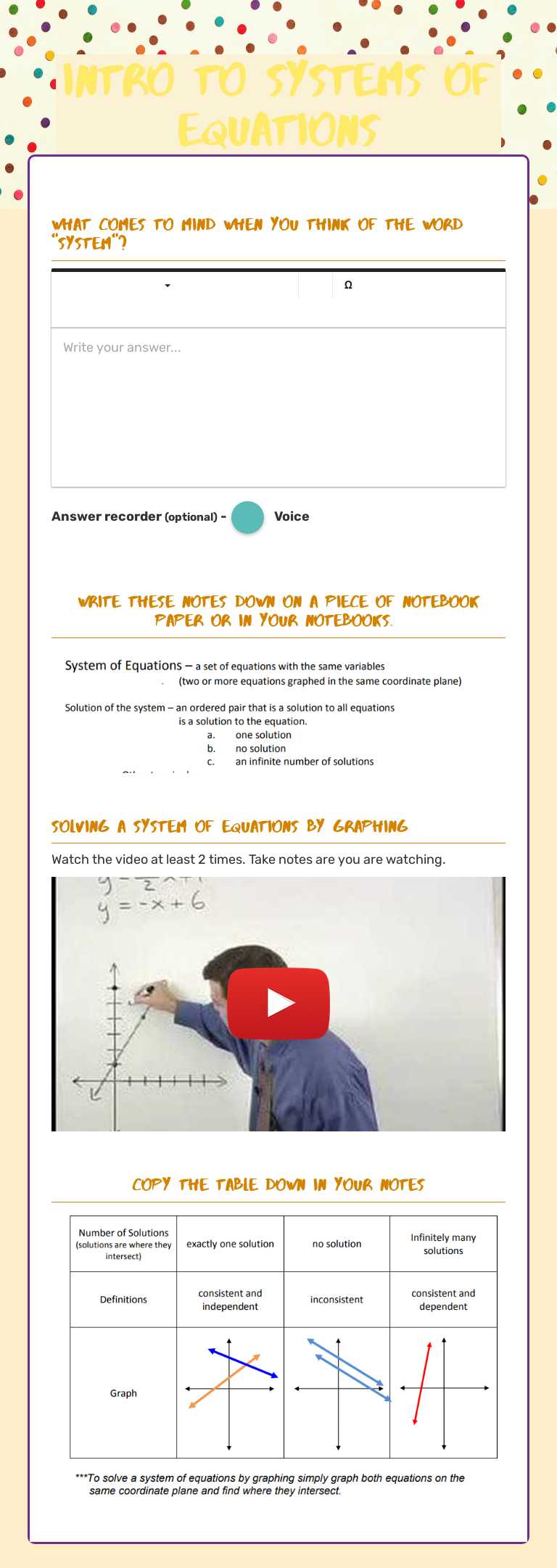 Intro to Systems of Equations worksheet preview image