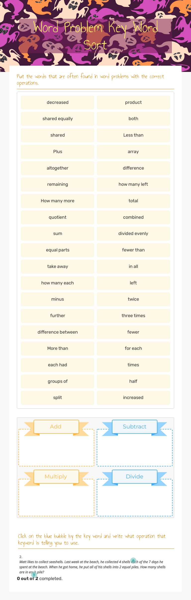 Word Problem Key Word Sort Grade 4 worksheet preview