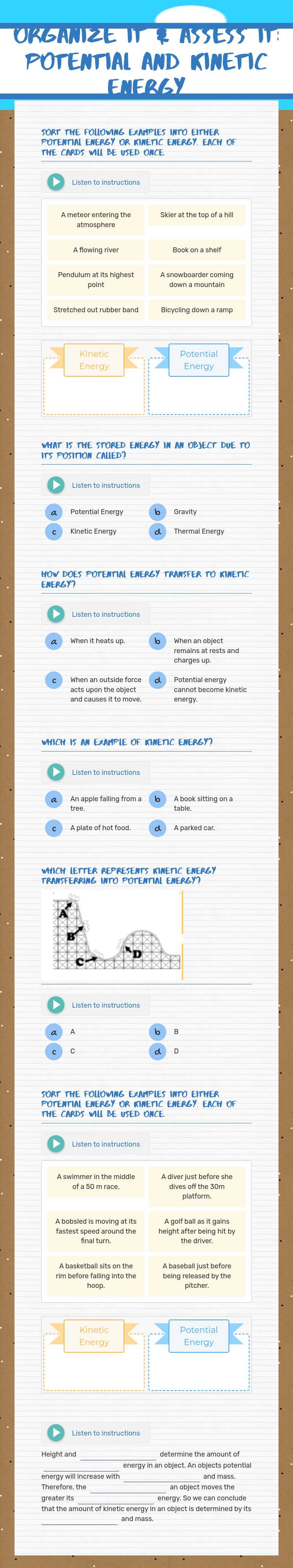 Organize it & Assess it: Potential and Kinetic Energy worksheet preview image