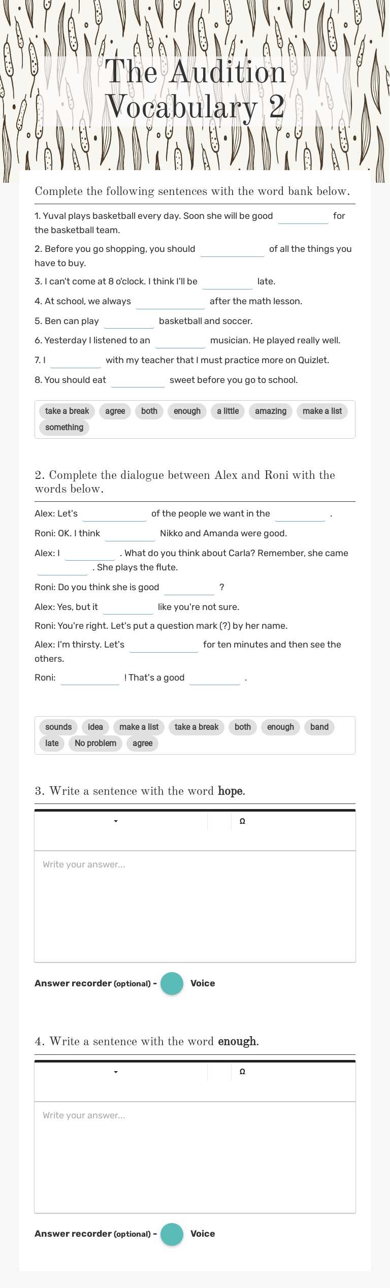 The Audition Vocabulary 2 worksheet preview image