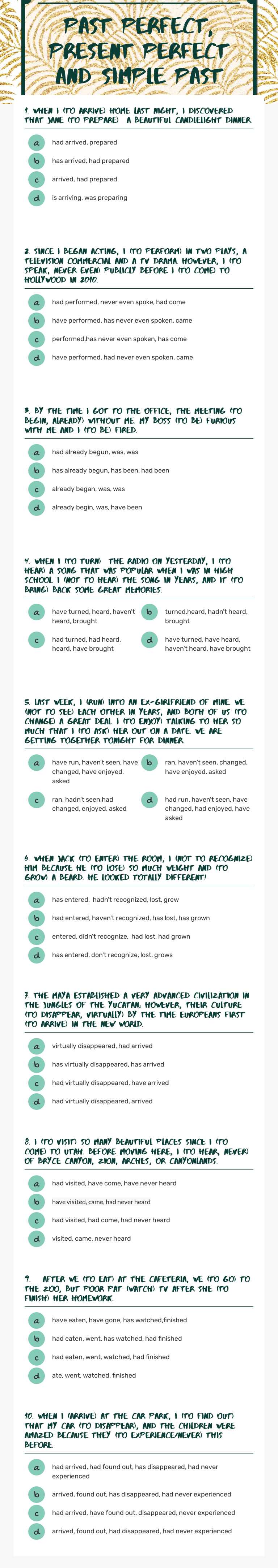 Past Perfect, Present Perfect and Simple Past Grade 9 worksheet preview