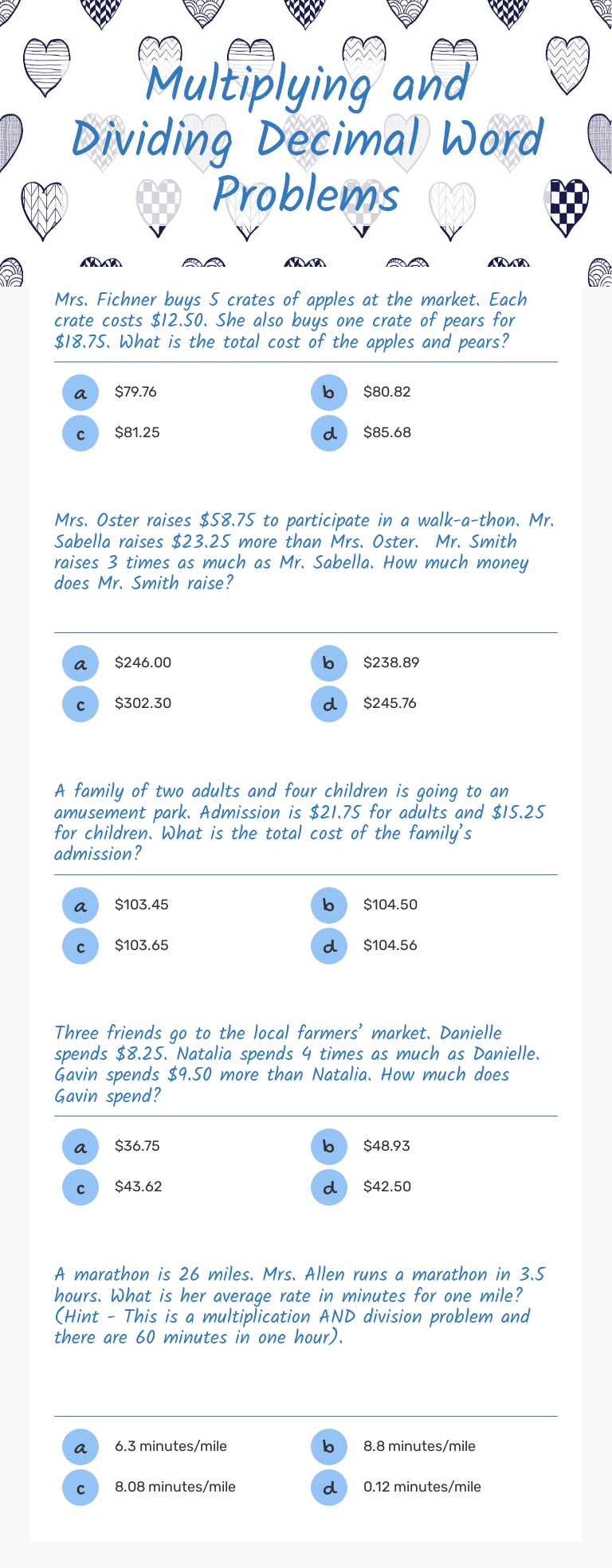Multiplying and Dividing Decimal Word Problems Grade 6 worksheet preview