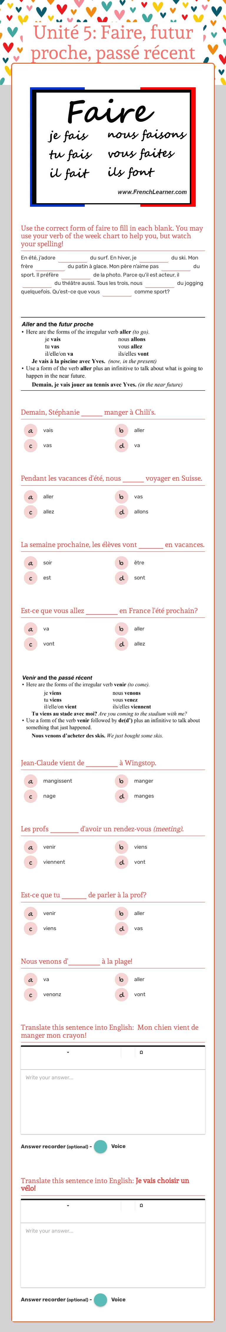 Unité 5: Faire, futur proche, passé récent Grade 10 worksheet preview