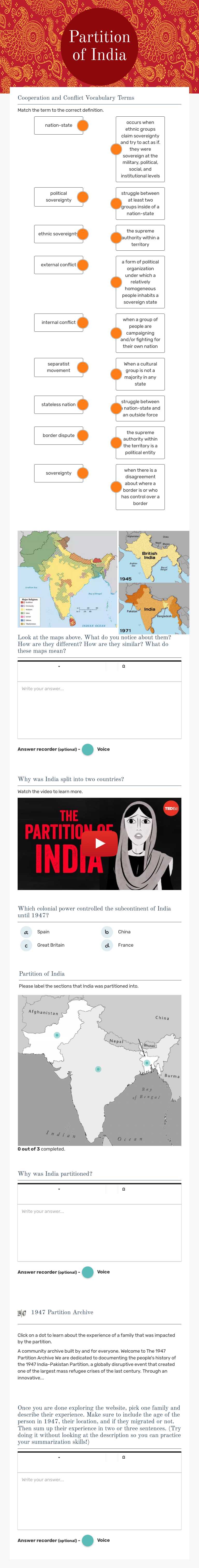 Partition of India Grade 9 worksheet preview