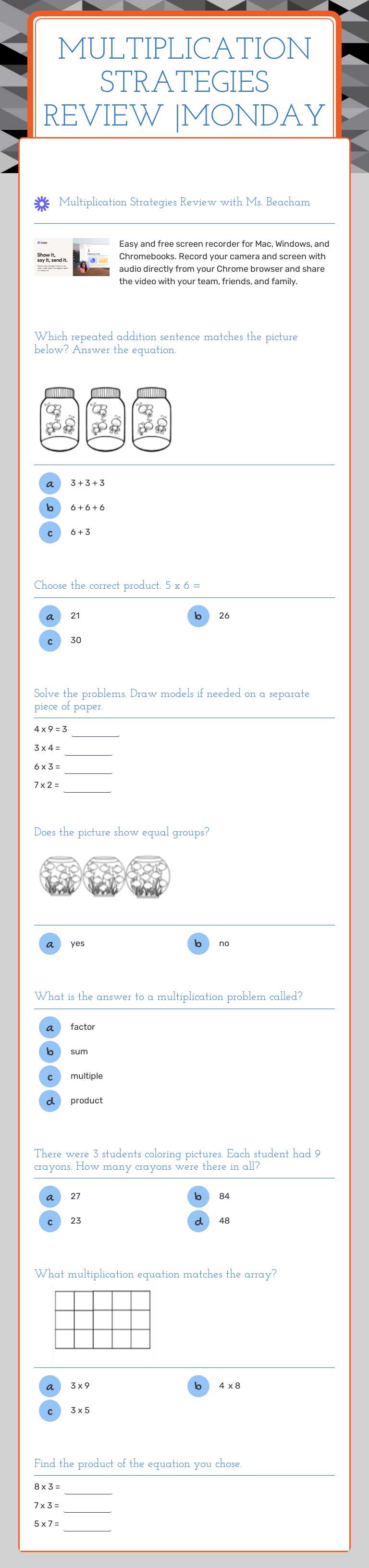 Multiplication Strategies Review |Monday Grade 3 worksheet preview