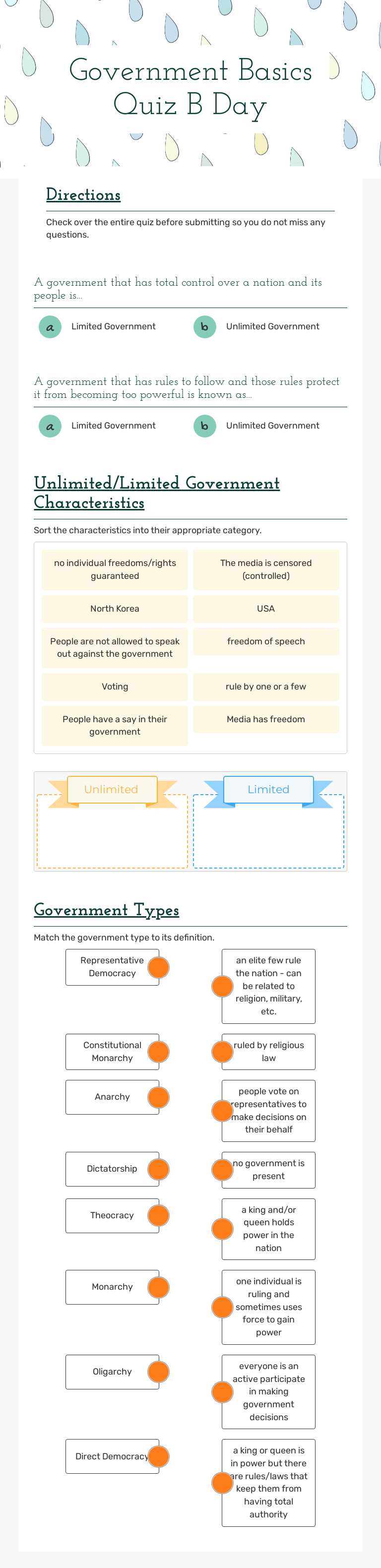 Government Basics Quiz B Day worksheet preview image