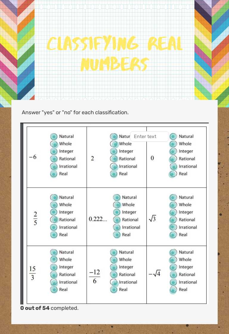 Classifying Real Numbers worksheet preview image