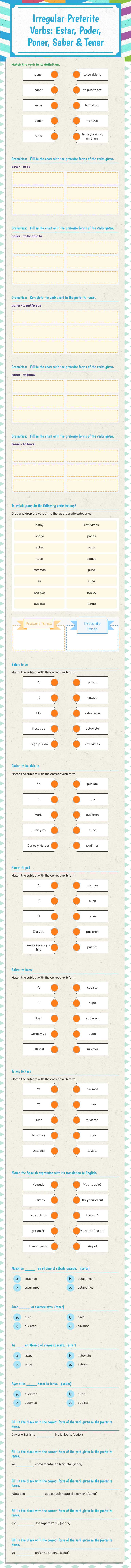 Irregular Preterite Verbs: Estar, Poder, Poner, Saber & Tener worksheet preview image