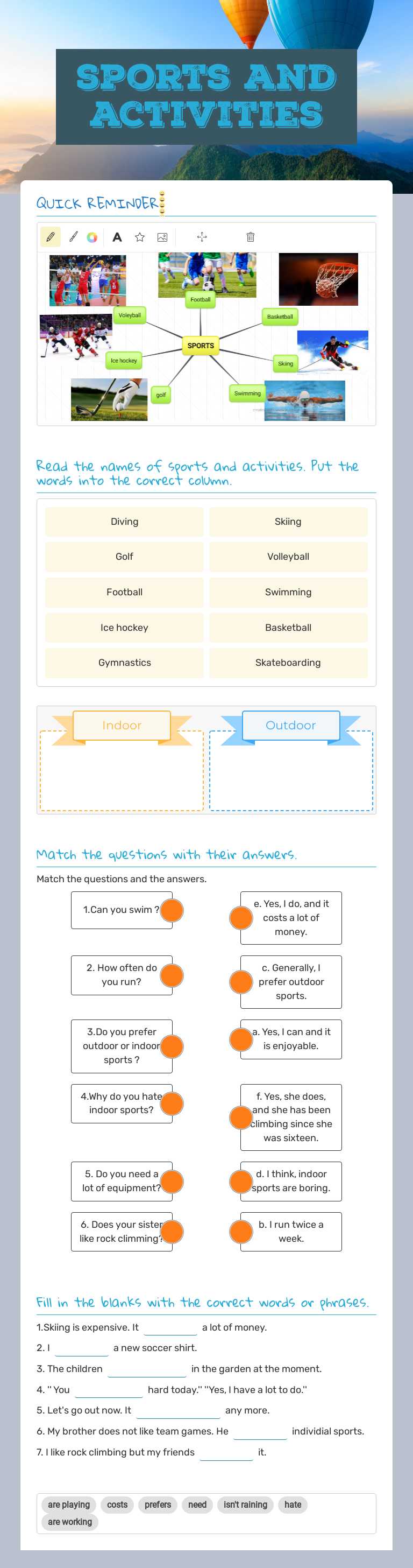 sports and activities worksheet preview image