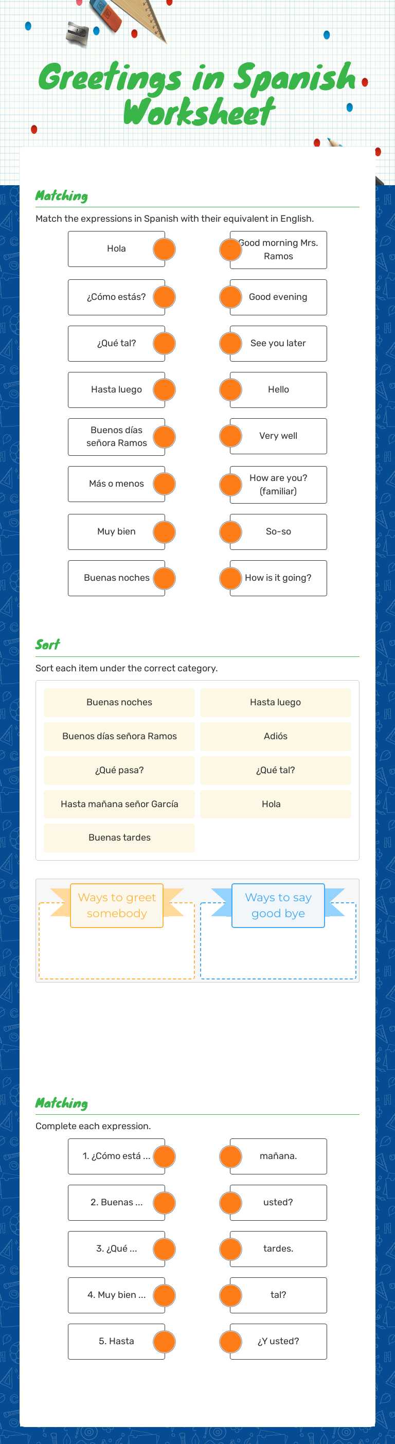 Greetings in Spanish Worksheet worksheet preview image