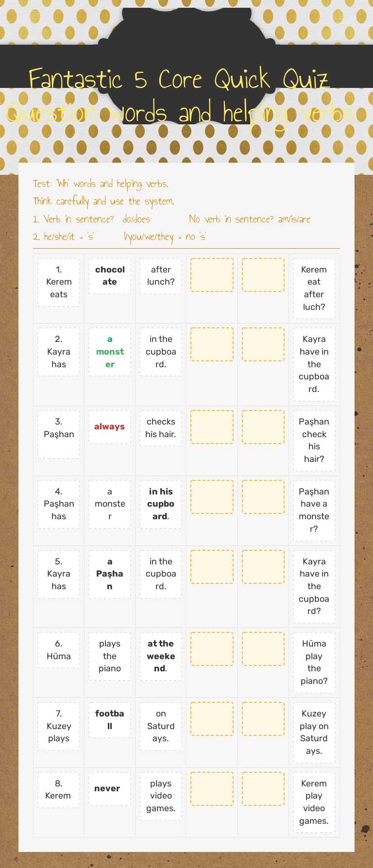 Fantastic 5 Core Quick Quiz     
     Question words and helping verbs worksheet preview image