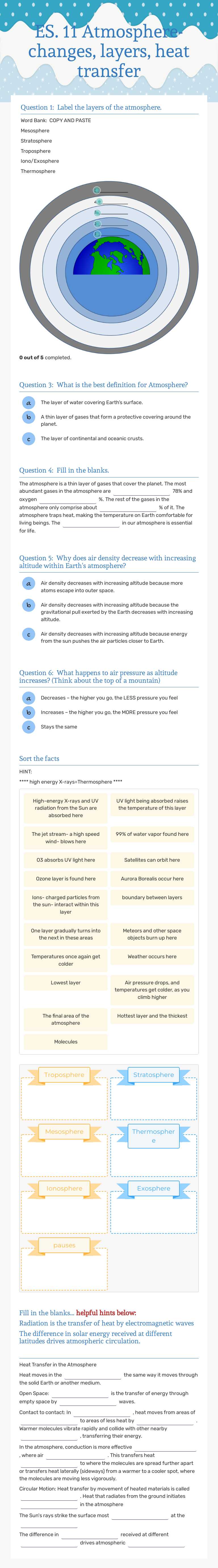 ES. 11 Atmosphere- changes, layers, heat transfer Grade 8 worksheet preview