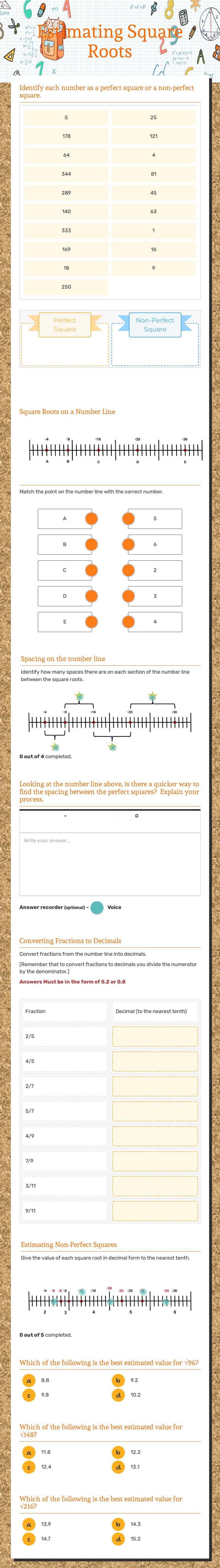 Estimating Square Roots Grade 8 worksheet preview