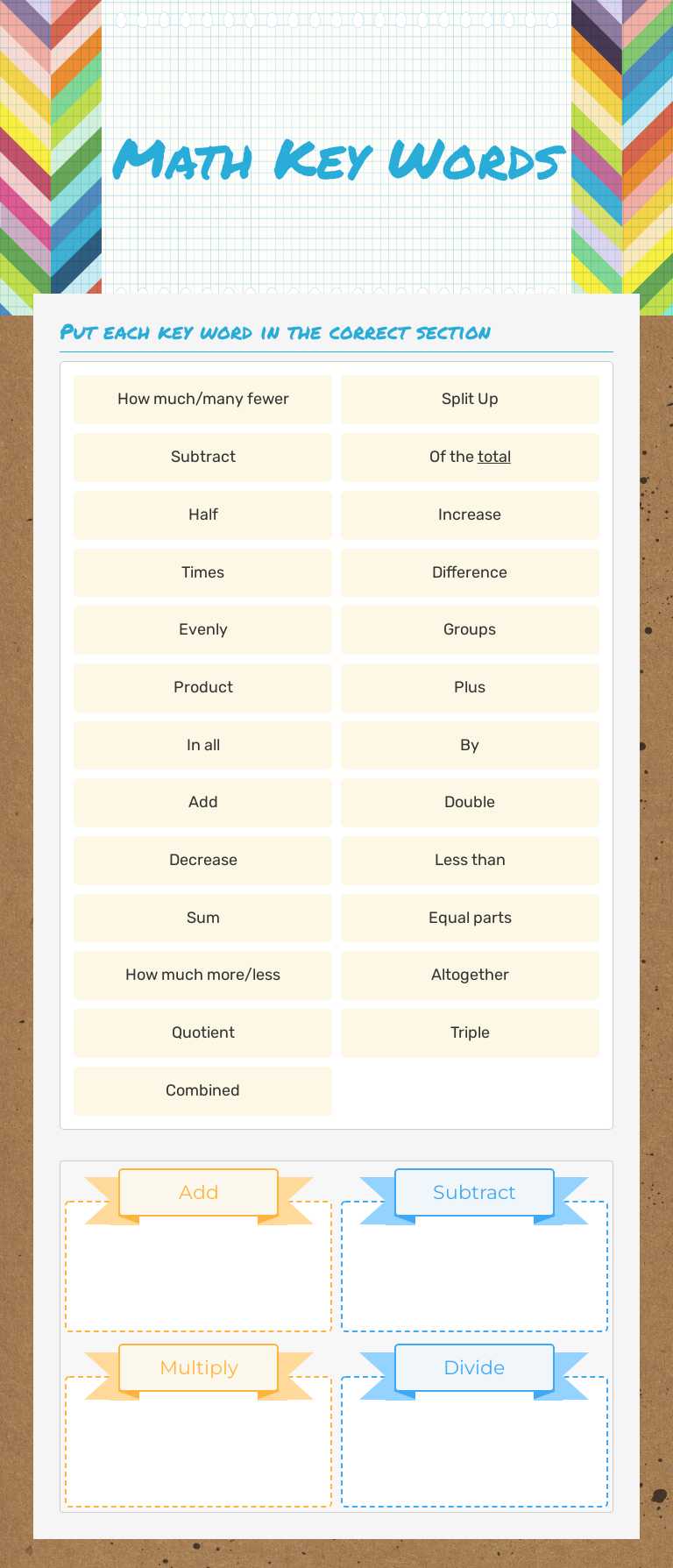 Math Key Words worksheet preview image