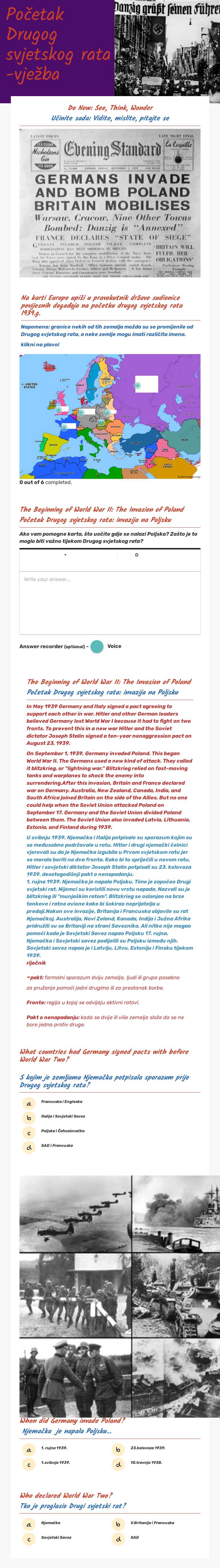 Početak Drugog svjetskog rata -vježba worksheet preview image