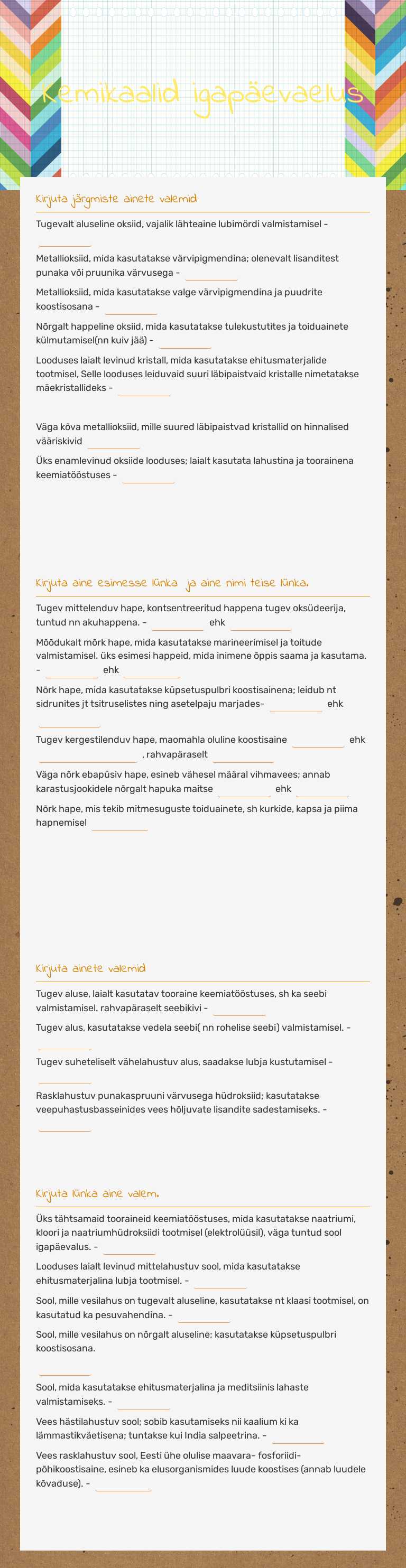 Kemikaalid igapäevaelus worksheet preview image