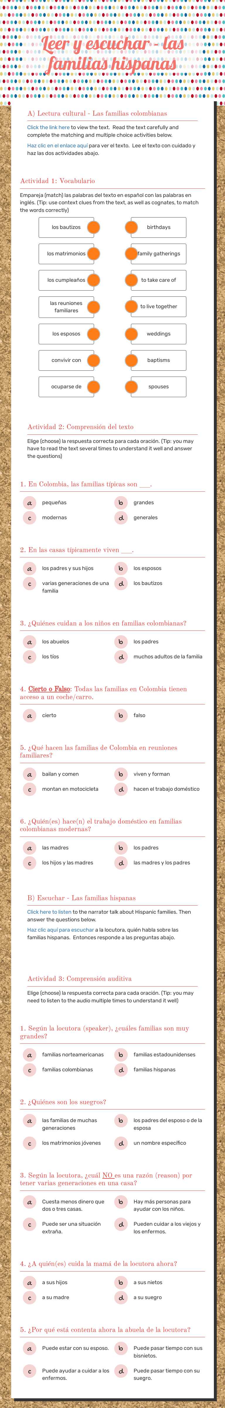 Leer y escuchar - las familias hispanas Grade 10 worksheet preview