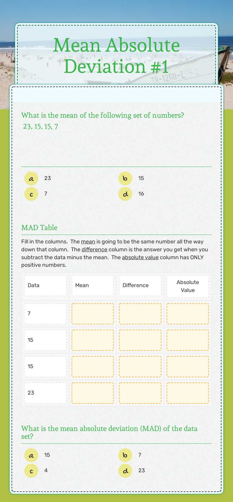 Mean Absolute Deviation #1 worksheet preview image