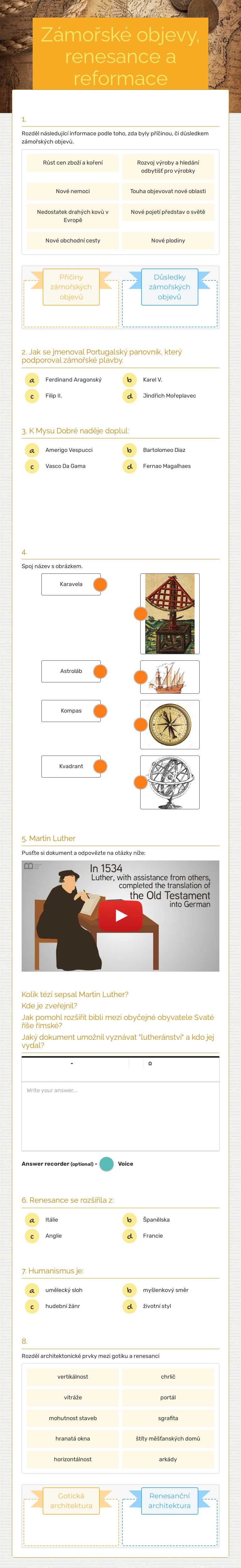 Zámořské objevy, renesance a reformace worksheet preview image