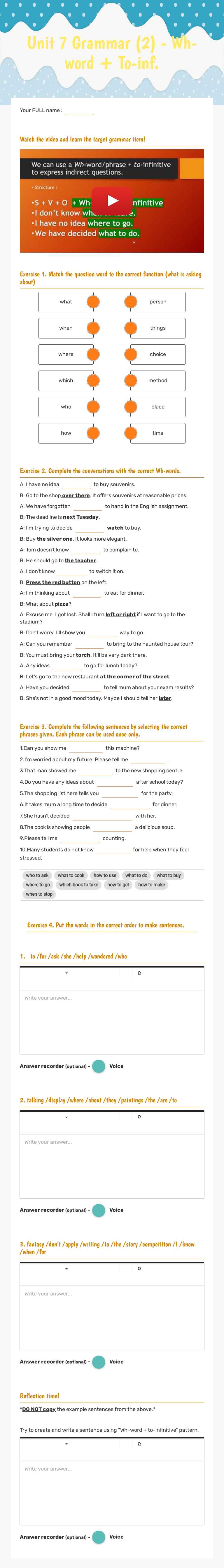 Unit 7 Grammar (2) - Wh-word + To-inf. worksheet preview image