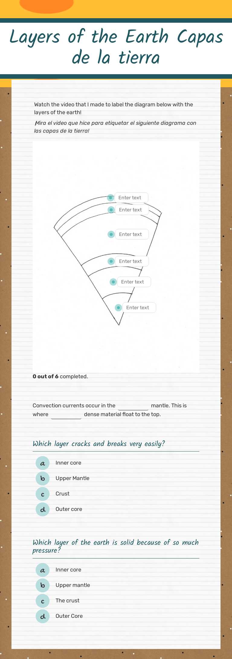 Layers of the Earth
Capas de la tierra worksheet preview image