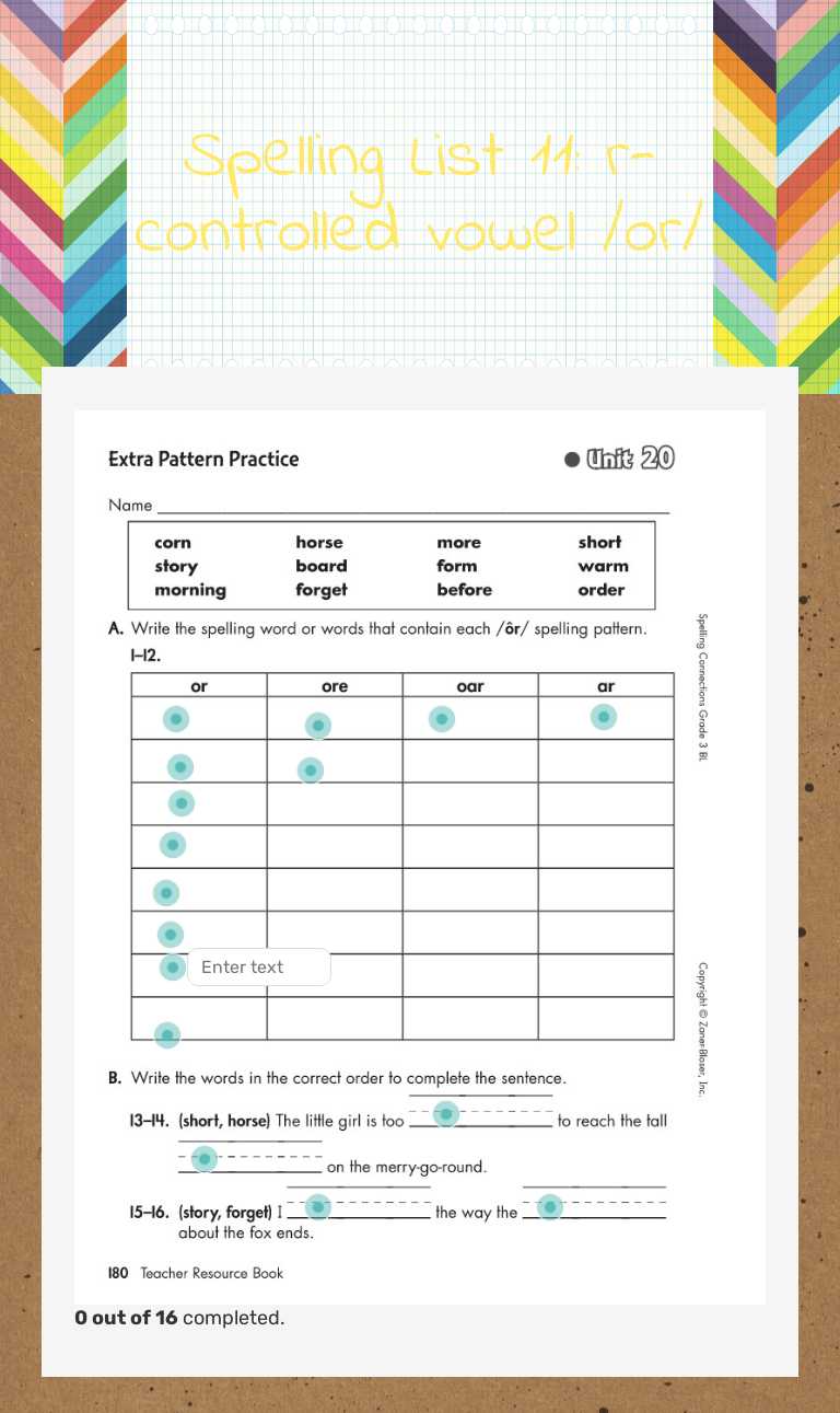 Spelling List 11: r-controlled vowel /or/ worksheet preview image