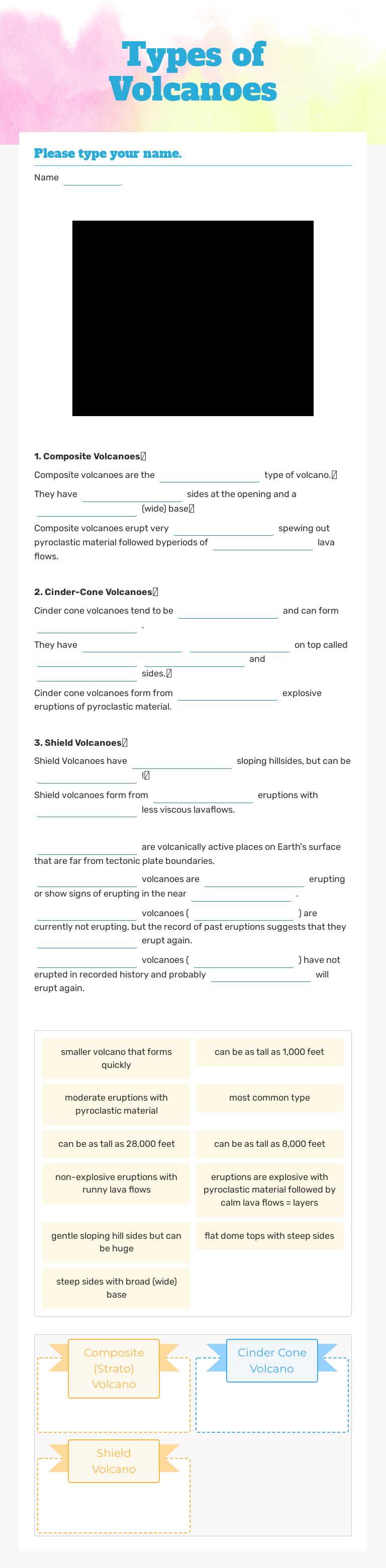 Types of Volcanoes worksheet preview image