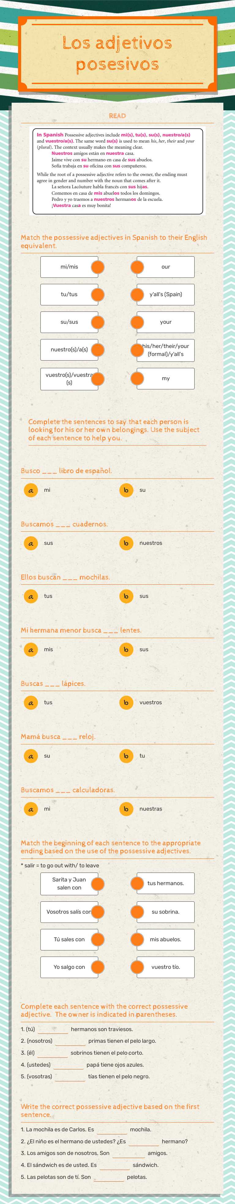 Los adjetivos posesivos worksheet preview image