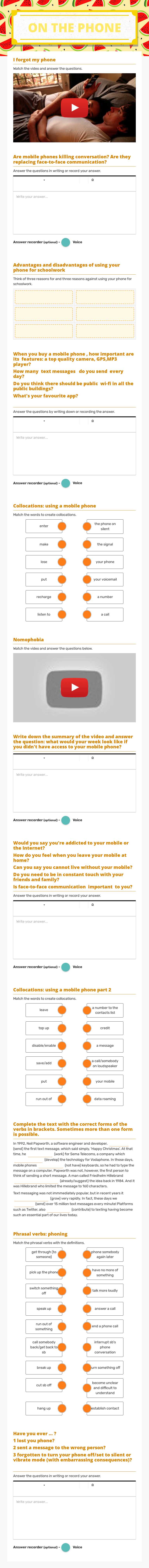 ON THE PHONE worksheet preview image