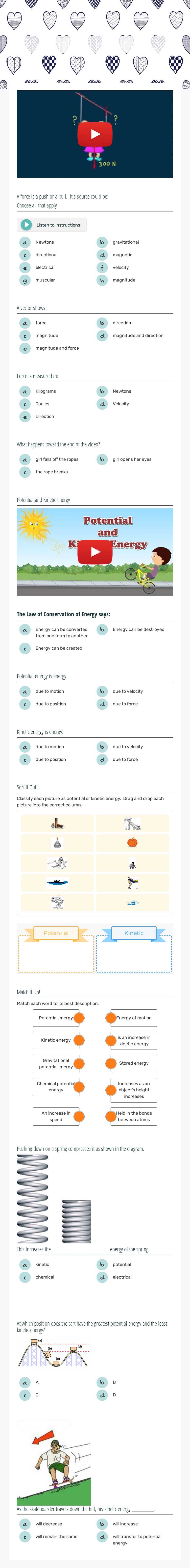 Potential and kinetic energy worksheet preview image