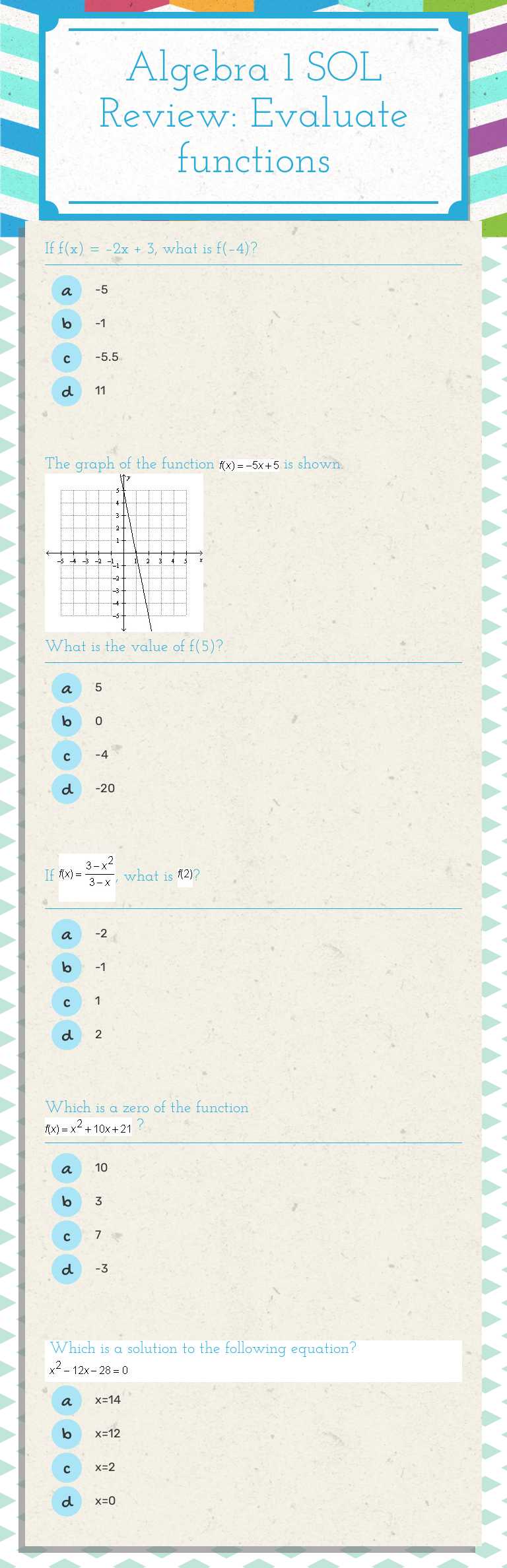 Algebra 1 SOL Review: Evaluate functions worksheet preview image
