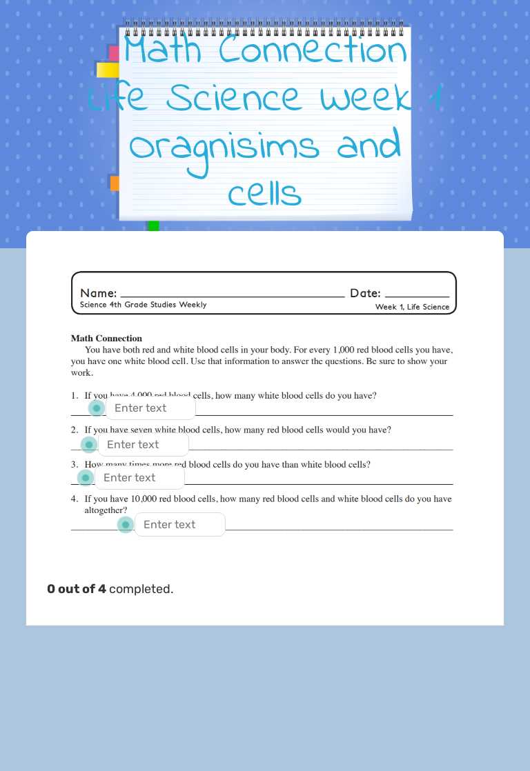 Math Connection Life Science Week 1 Oragnisims and cells worksheet preview image