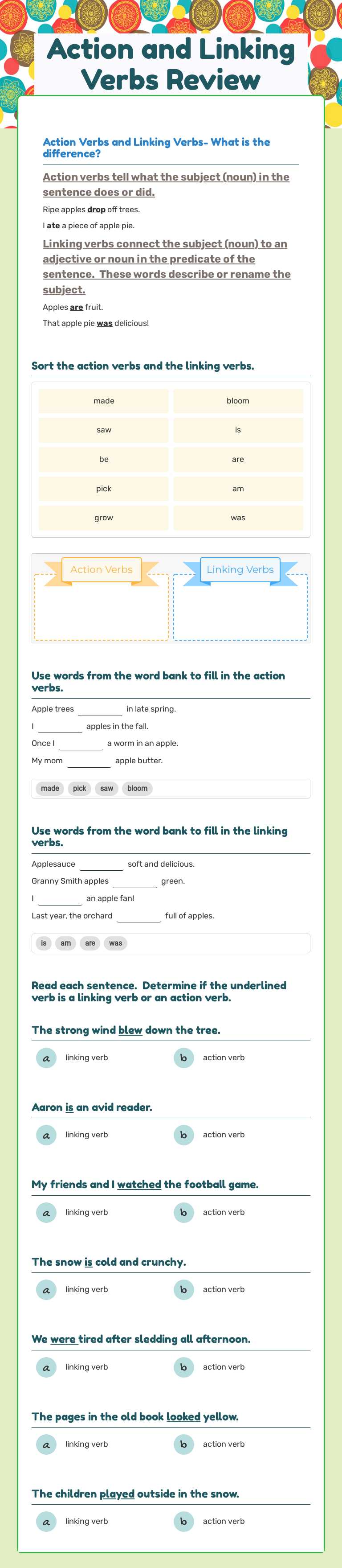 Action and Linking Verbs Review worksheet preview image
