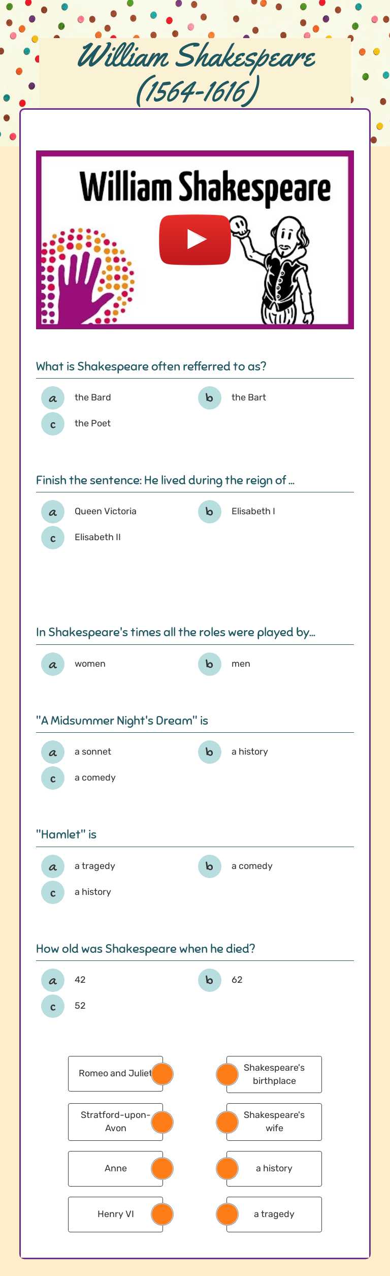 William Shakespeare (1564-1616) worksheet preview image