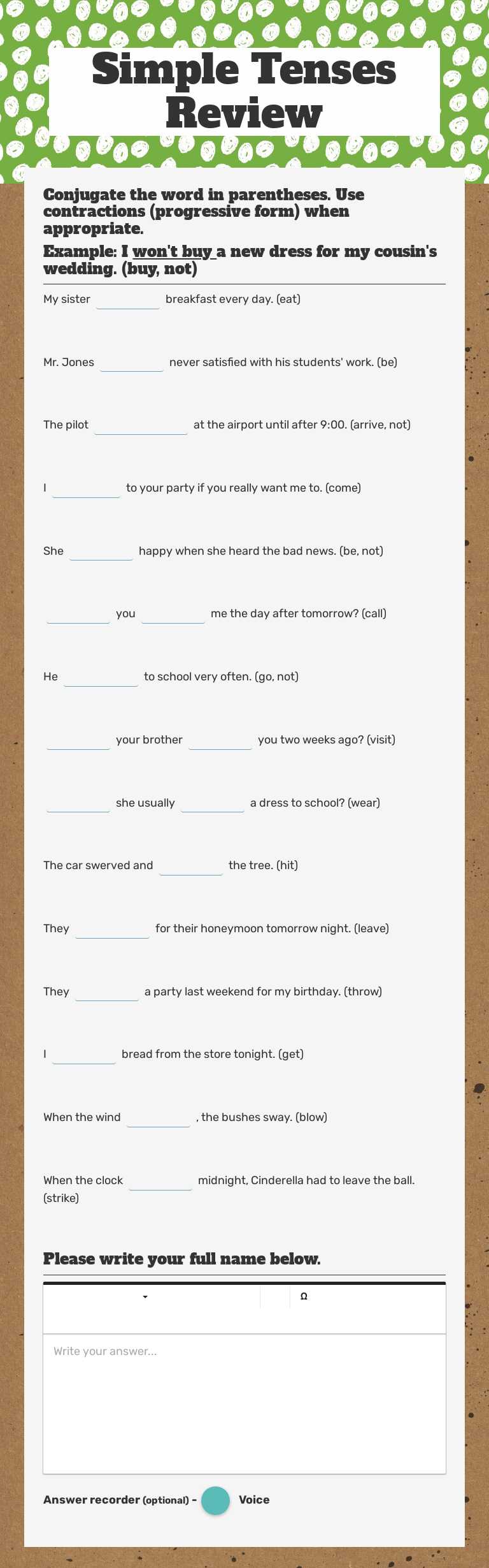 Simple Tenses Review worksheet preview image
