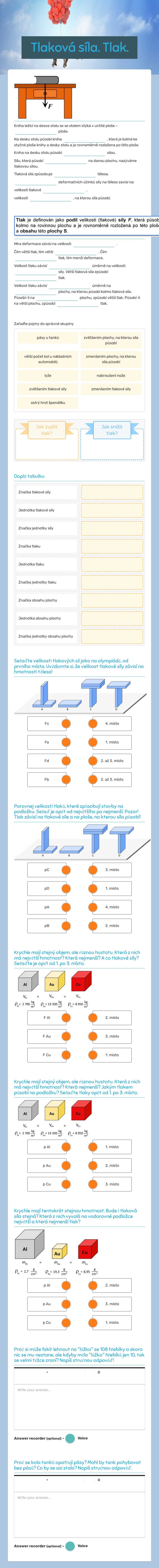 Tlaková síla. Tlak. Grade 6 worksheet preview