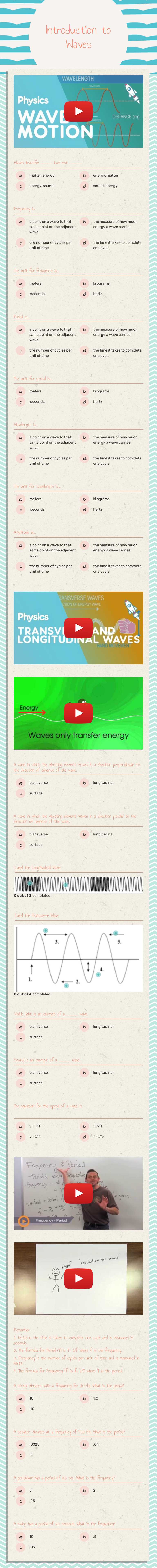 Introduction to Waves Grade 10 worksheet preview