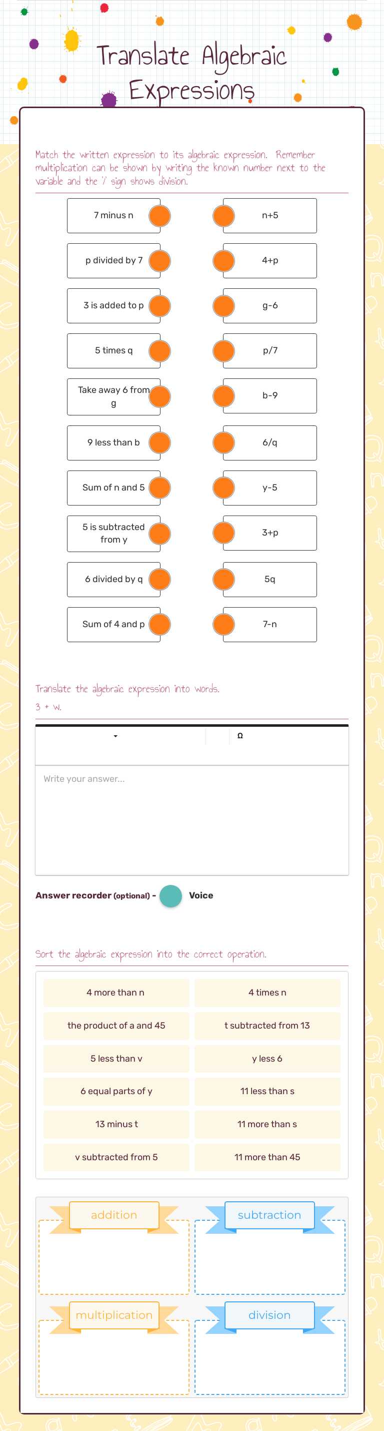Translate Algebraic Expressions worksheet preview image