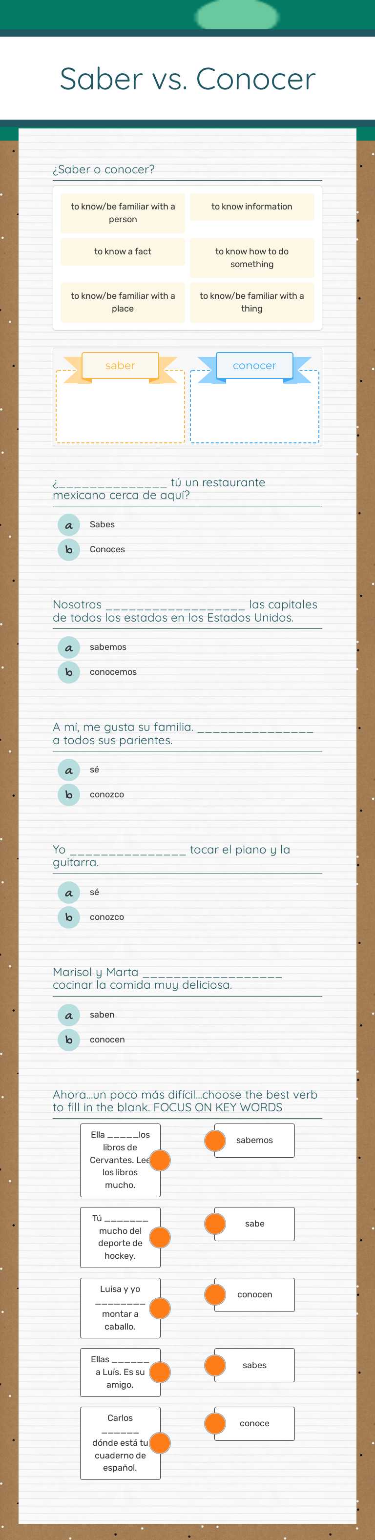 Saber vs. Conocer worksheet preview image