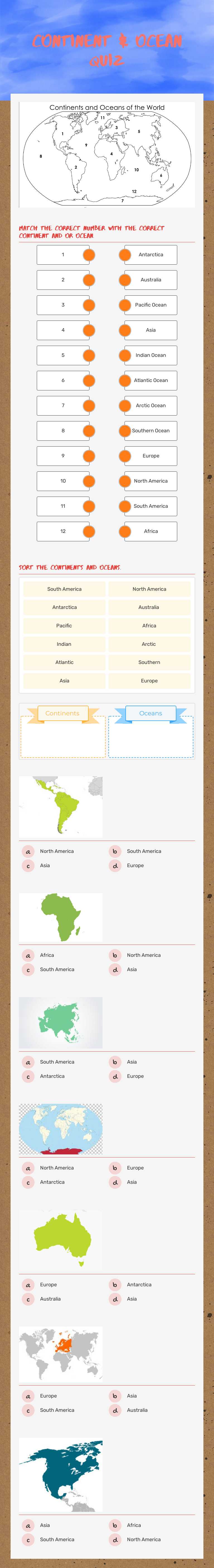 Continent & OCean Quiz worksheet preview image