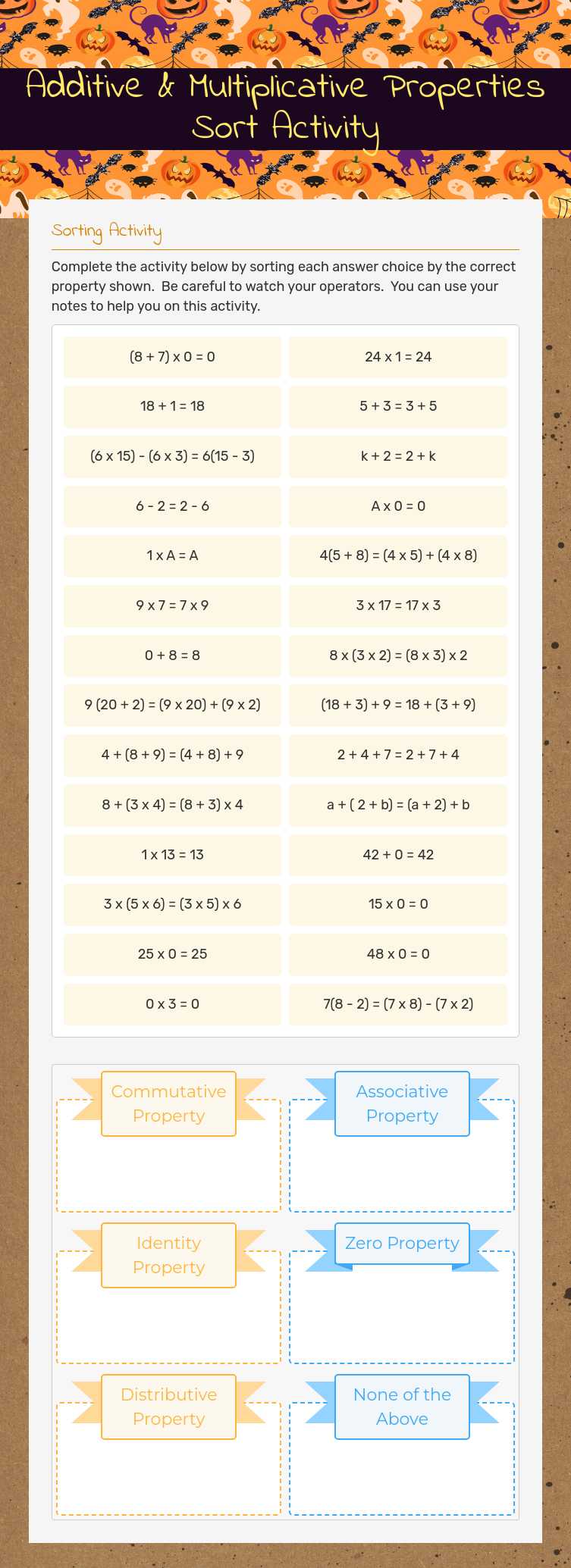 Additive & Multiplicative Properties Sort Activity Grade 6 worksheet preview